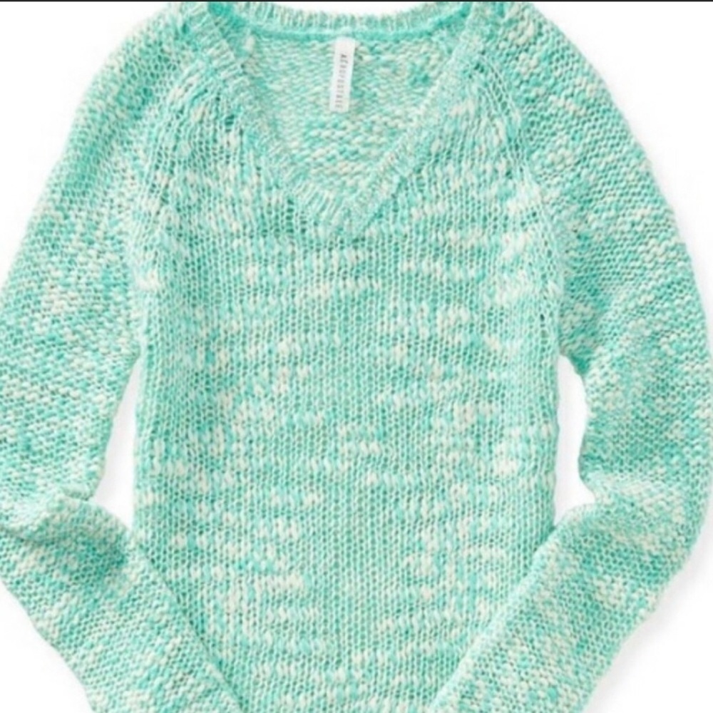 Aeropostale Size Medium Mint Green White Knit V-Neck Sweater - Picture 11 of 11